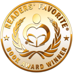 Shiny, gold medal award seal that says Readers' Favorite Book Award Winner 