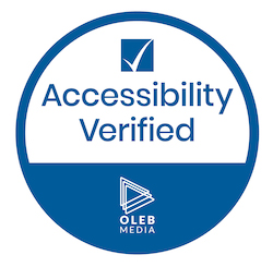 Blue and white circular symbol that says Accessibility Verified by Oleb Media