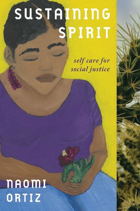 Book cover for Sustaining Spirit, featuring a painting by the author of a woman of color wearing a purple shirt holding a red flower.