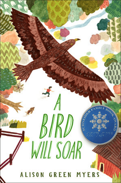 A Bird Will Soar book cover featuring an illustration of a brown bird soaring over farmland.