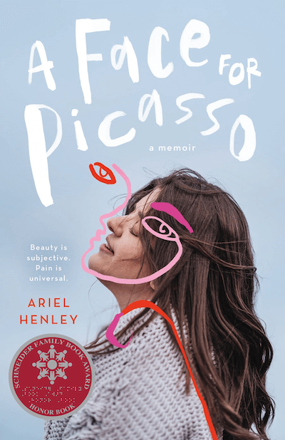 A Face for Picasso book cover featuring a woman looking up to the sky with artistic facial features drawn on top of her.