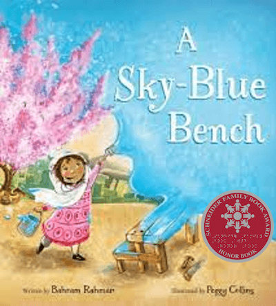 A Sky-Blue Bench book cover featuring an illustration of a young girl painting the sky and an park bench with a bucket of blue paint.