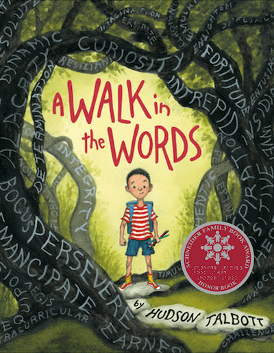 A Walk in the Woods book cover featuring an illustration of a young boy holding paint brushes walking into the woods.