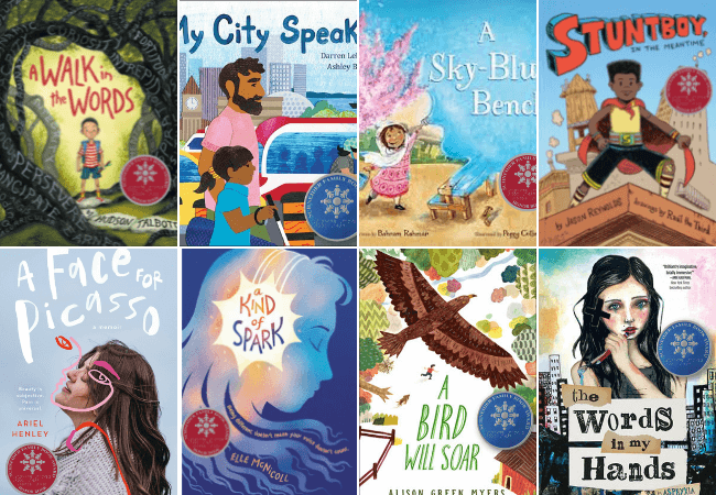 A collage of 8 award-winning disability children's and YA book covers.