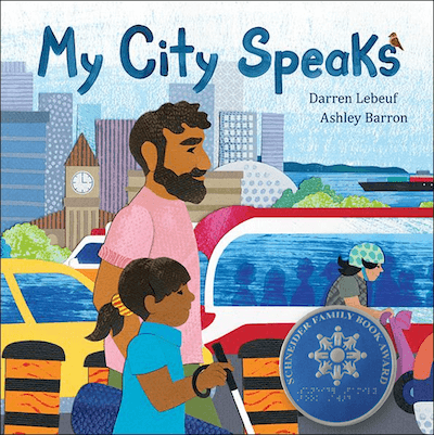 My City Speaks book cover featuring an illustration of a young girl holding a white cane walking with her father in the city.