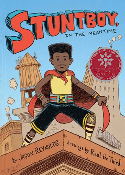 Stuntboy, in the Meantime book cover featuring an illustration of a young boy wearing a superhero cape.