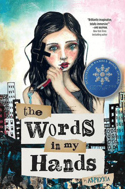 The Words in My Hands book cover featuring a dark illustration of a teenage girl holding a paint brush and pencil to her lips.