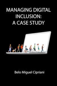 Managing Digital Inclusion book cover featuring several people (some with disabilities) walking across a laptop and stepping into the screen.