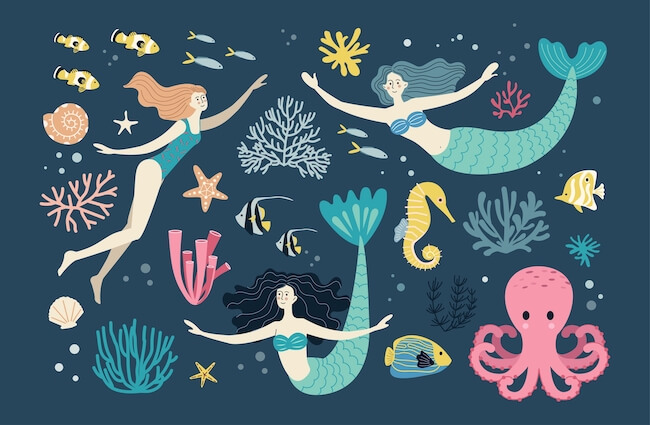 Artistic drawing of mermaids and other sea creatures playfully swimming.