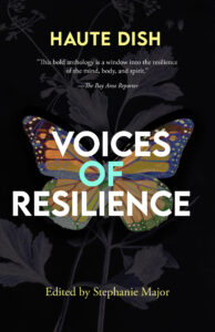 Book cover for Voices of Resilience featuring a colorful butterfly on a black cover.