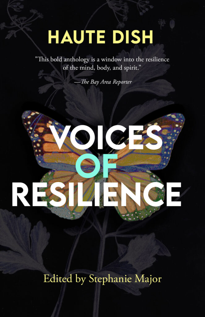Book cover for Voices of Resilience featuring a colorful butterfly on a black cover.