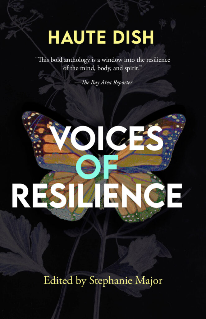 Book cover featuring a butterfly on a dark background. Title: Voices of Resilience.
